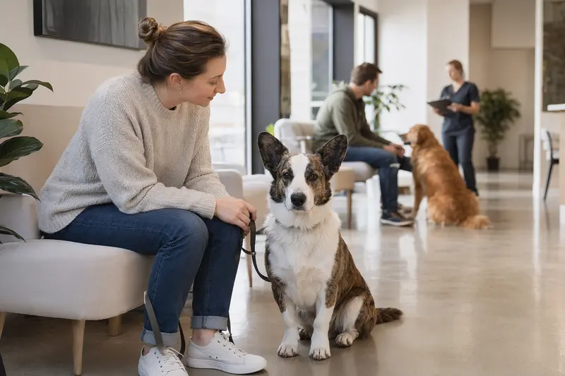 Ein Cardigan Welsh Corgi sitzt ruhig neben seinem Besitzer im hellen Wartezimmer einer Tierarztpraxis.